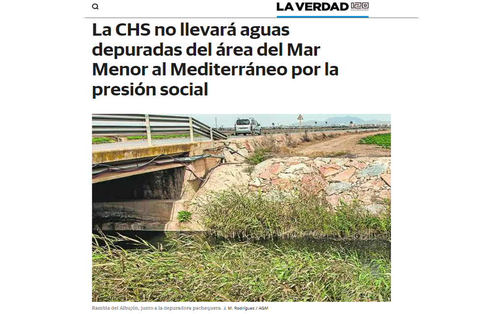 La CHS no llevará aguas depuradas del área del Mar Menor al Mediterráneo por la presión social