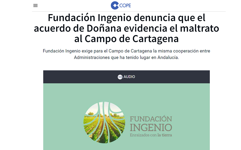 Fundación Ingenio denuncia que el acuerdo de Doñana evidencia el maltrato al Campo de Cartagena