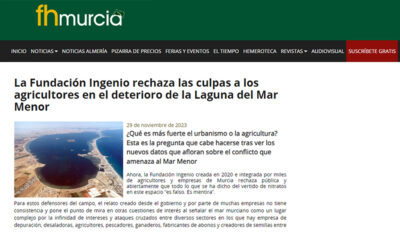 Fundación Ingenio rechaza las culpas a los agricultores en el deterioro de la Laguna del Mar Menor