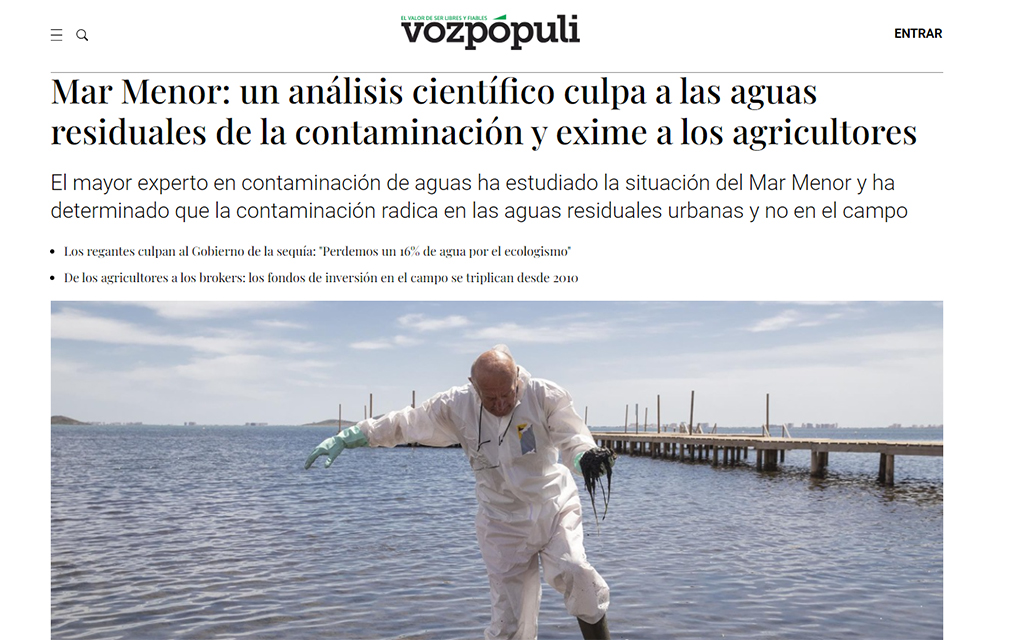 Mar Menor: un análisis científico culpa a las aguas residuales de la contaminación y exime a los agricultores