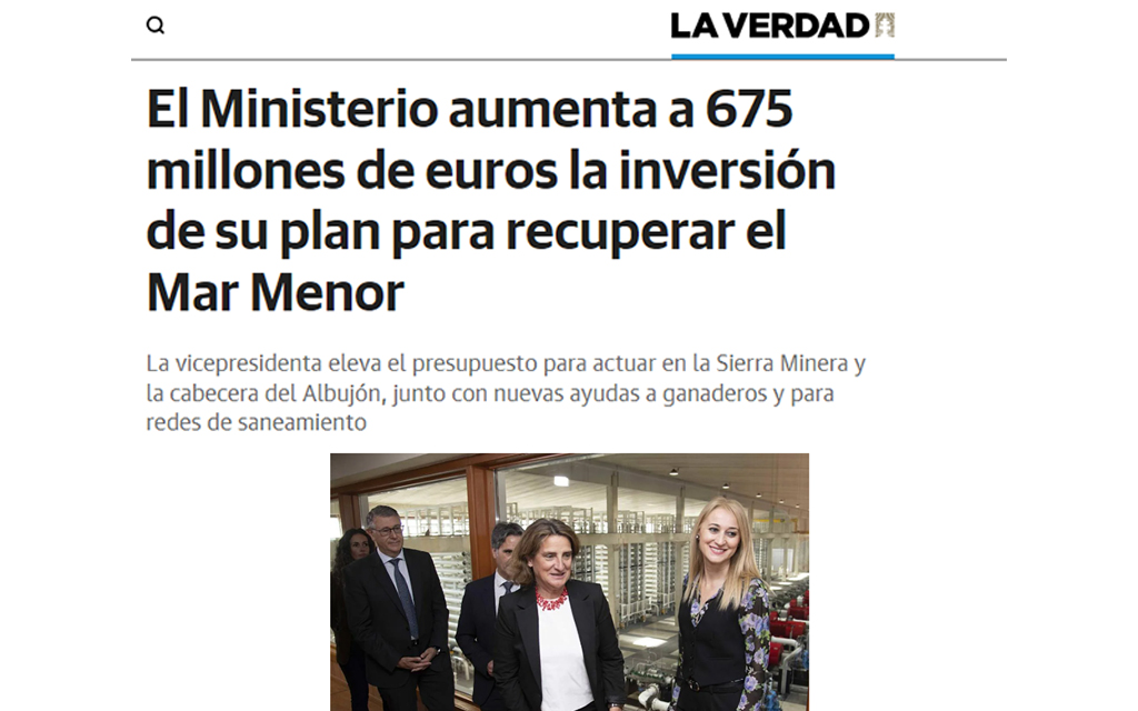 El Ministerio aumenta a 675 millones de euros la inversión de su plan para recuperar el Mar Menor