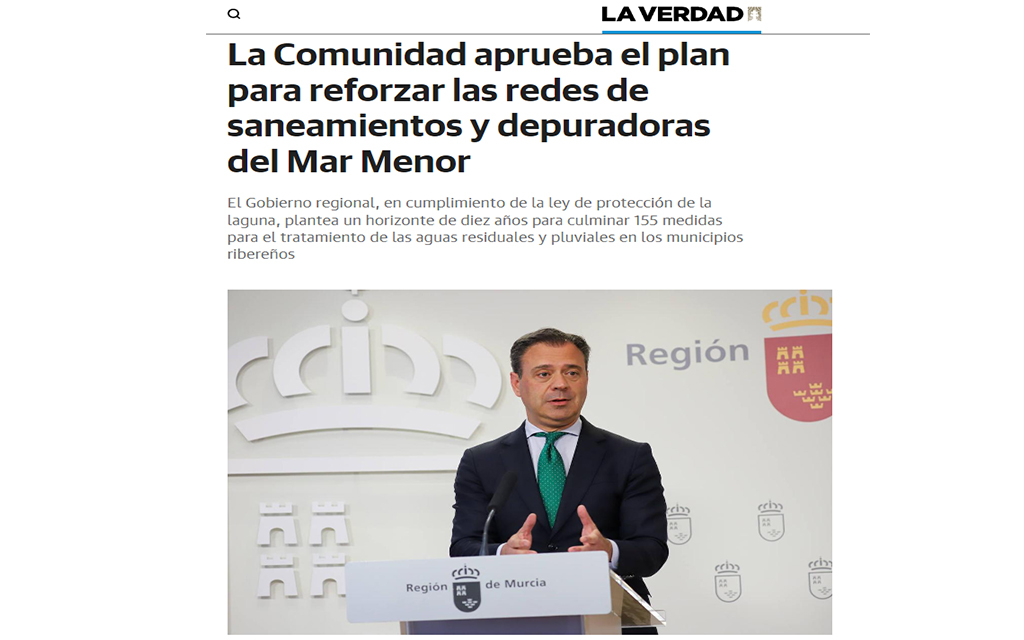 La Comunidad aprueba el plan para reforzar las redes de saneamientos y depuradoras del Mar Menor